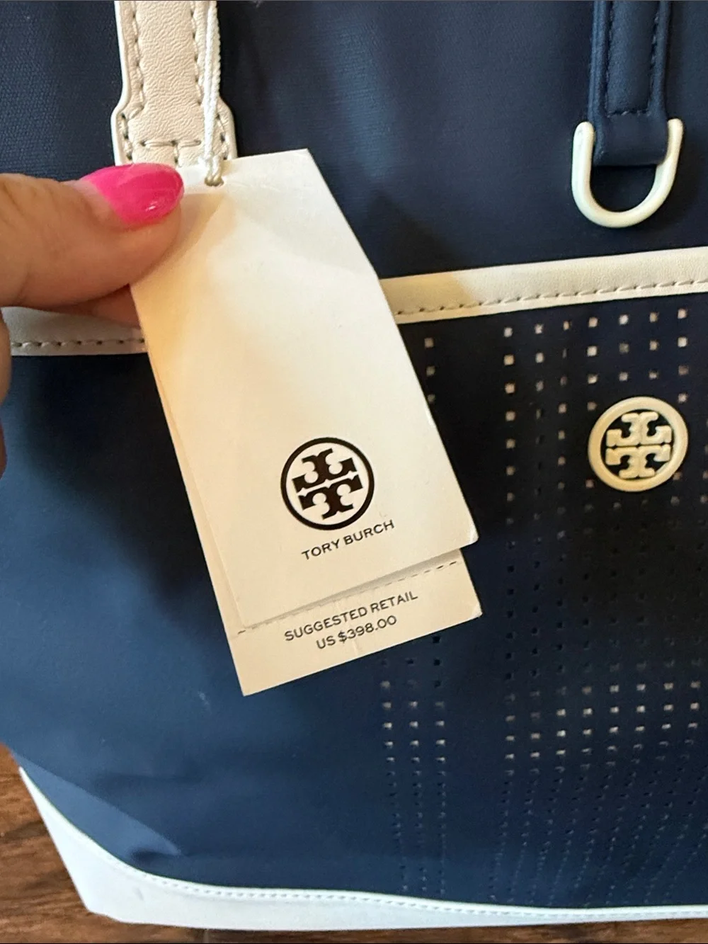 Tory Burch Navy and White Perforated Logo Tote